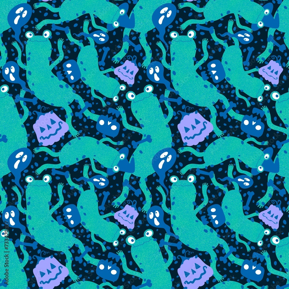 Obraz premium Halloween animals seamless frogs and pumpkins and ghost and skulls pattern for wrapping paper and fabrics