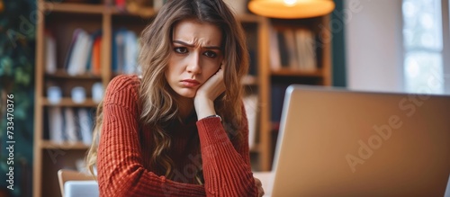 Worried Woman Looking Worriedly While Using Laptop photo