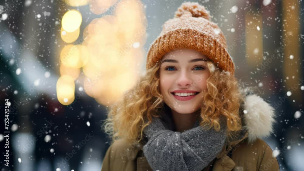 motion video of a happy beautiful woman enjoying winter outdoors in warm clothes as snow falls, creating a romantic atmosphere motion video of a happy beautiful woman enjoying winter outdoors in warm clothes as snow falls, creating a romantic atmosphere