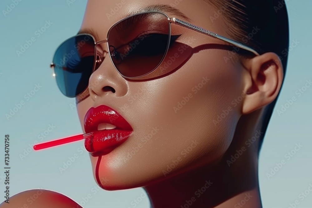 A stylish woman confidently sips her drink through a straw, her bold red lipstick matching the tint of her fashionable sunglasses as she enjoys the sunny outdoor setting A stylish woman confidently sips her drink through a straw, her bold red lipstick matching the tint of her fashionable sunglasses as she enjoys the sunny outdoor setting