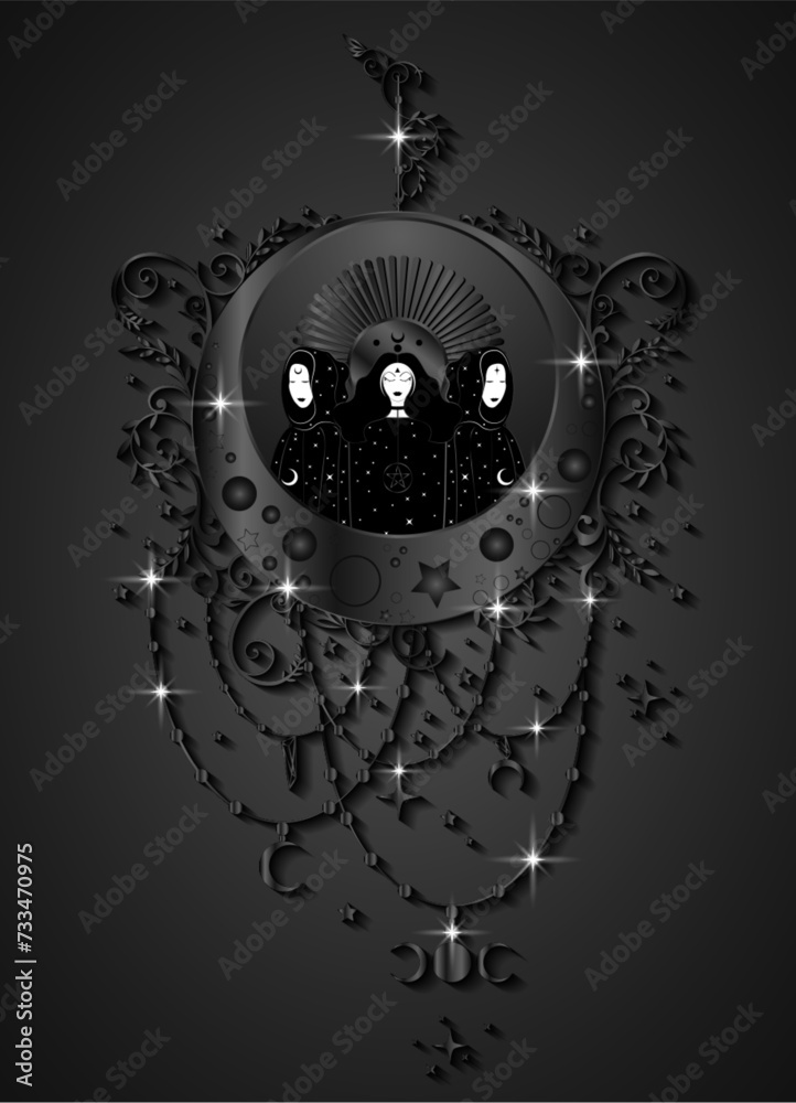 Mystical triple goddess, priestesses on magical crescent moon. Beautiful celestial fairy women in boho style. Dark Gothic Witch wiccan female sacred design. Vector isolated on black background