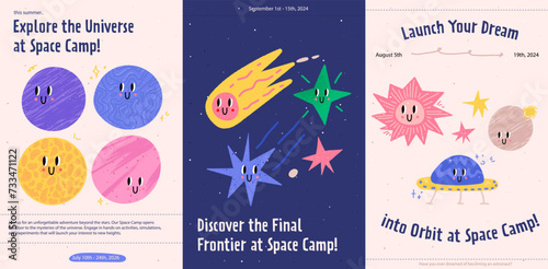 Fantasy doodle invitation with colorful space elements. Flyer set. Trendy graphic template. Vector contremporary illustrations with planets and stars.