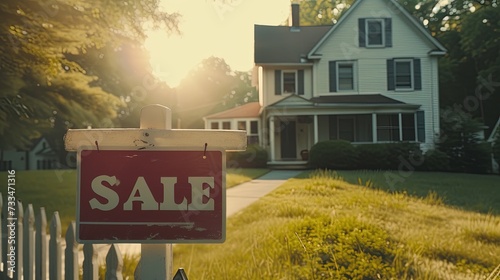 A sign with the inscription "Sale", against the backdrop of a large two-story house with a lawn and a fence. The theme of the sale and purchase of real estate, debt, mortgages and bankruptcy