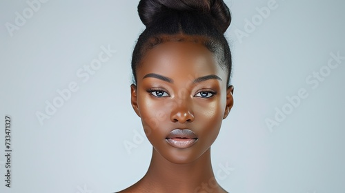 Portfolio photo of beautiful Cameroonian woman with a regular oval face and clean, perfect skin, for advertising skin care products, creams, lotions, face masks. On white background studio photo