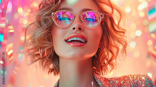 Happy beauty stylish woman in bright shiny clothes and trendy glasses enjoys at a party among shiny colorful lights