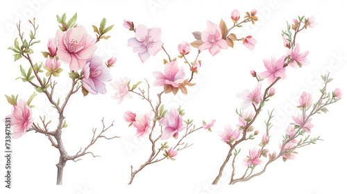 Aquarelle and line branches and blooming vector isolated on white background