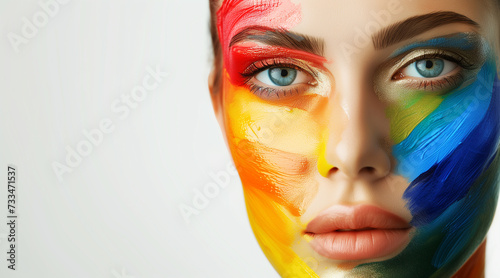 portrait of a beautiful woman with her face painted with the colors of the LGBT flag, white background