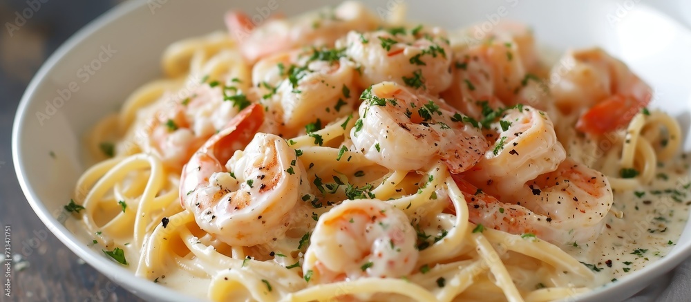 Delicious garlic and cream sauce with shrimp over pasta. - obrazy, fototapety, plakaty 