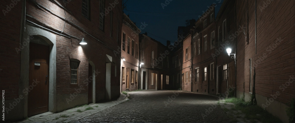 Midnight road or alley in a very old town. abandoned old area of town with stone or brick buildings. no street lights. 