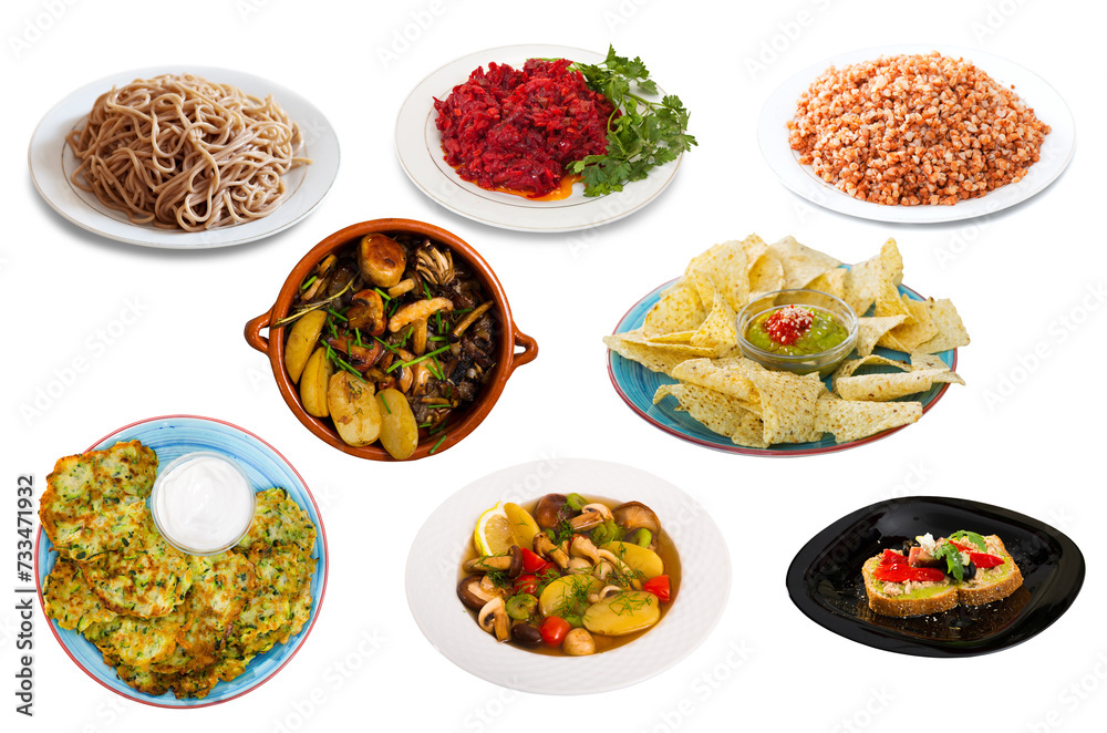 Tasty and healthy veggie dishes isolated on white background