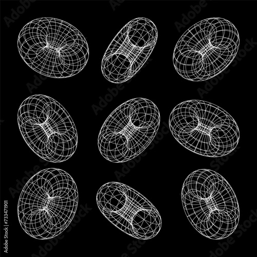 Wireframe shapes, lined torus. Perspective mesh, 3d grid. Low poly geometric elements. Retro futuristic design elements, y2k, vaporwave and synthwave style. Vector illustration
