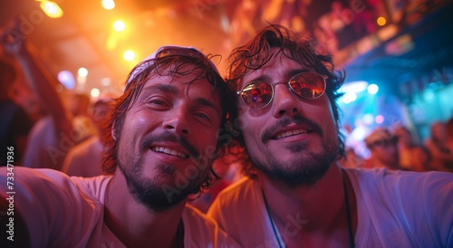 Two men dressed in festival clothing, sporting glasses and beards, flash bright smiles as they capture a moment of friendship through a selfie