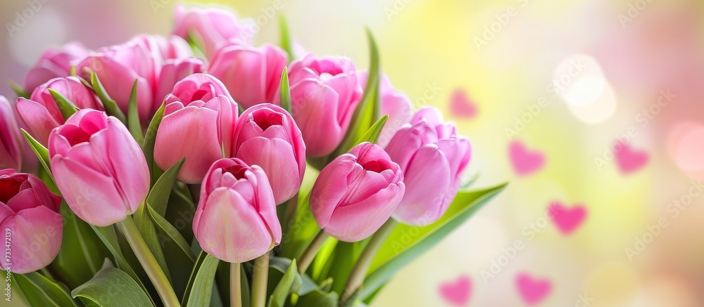 A beautiful arrangement of pink tulips in a vase, set against a backdrop of heart designs. The vibrant magenta petals stand out against the green grass, creating a lovely natural landscape.