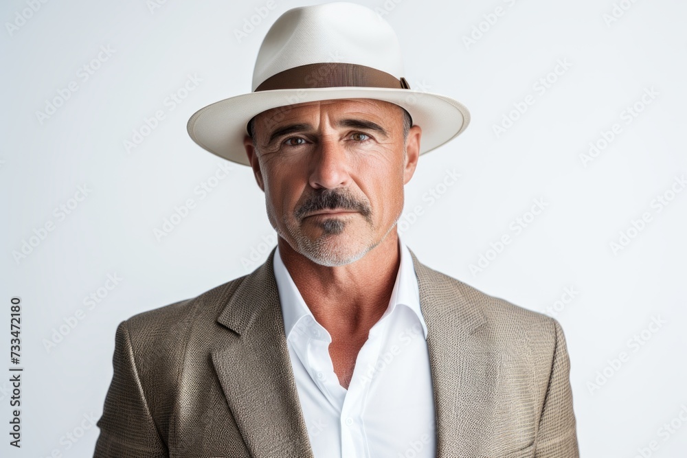 Portrait of a handsome mature man in white hat and jacket. Portrait of a handsome mature man in white hat and jacket.