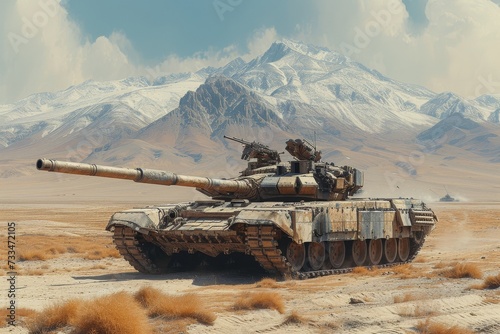 Amidst the vast desert landscape, a powerful military tank stands tall with its weapon raised to the sky, ready for combat and camouflaged against the rugged mountains and clouds above