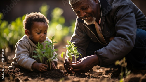 Un grand-père et son petit-fils plantent un arbre dans le jardin familial, leurs mains couvertes de terre, semant ensemble les graines de l'avenir.