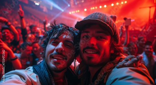 Two men capture a moment of joy and connection amidst the pulsing lights and lively crowd of a music festival, their smiles shining as they pose for a selfie in their stylish nightclub attire