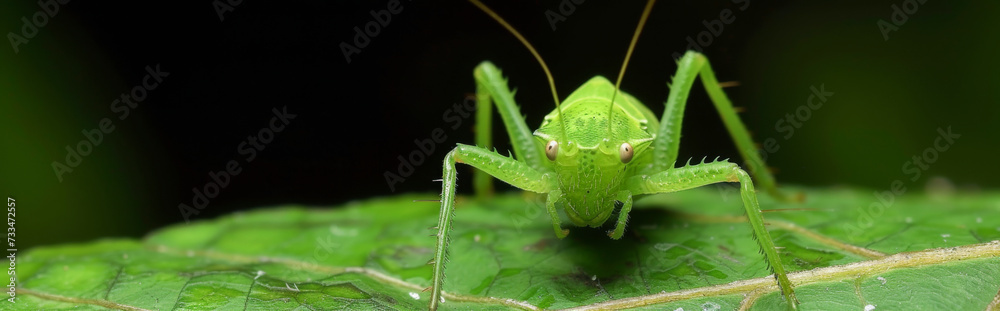 Green grasshopper on green leaf in nature or in the garden

