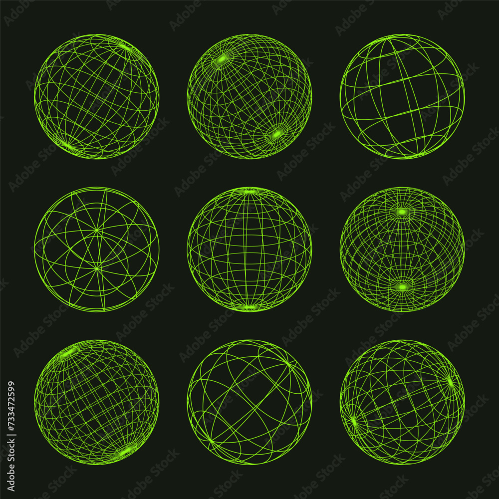 Wireframe shapes, lined sphere. Perspective mesh, 3d grid. Low poly geometric elements. Retro futuristic design elements, y2k, vaporwave and synthwave style. Vector illustration