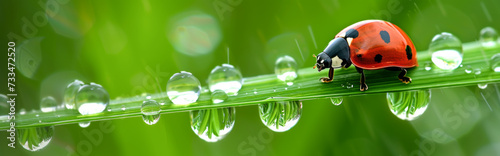 fresh morning dew and ladybug macro close up nature background
 photo