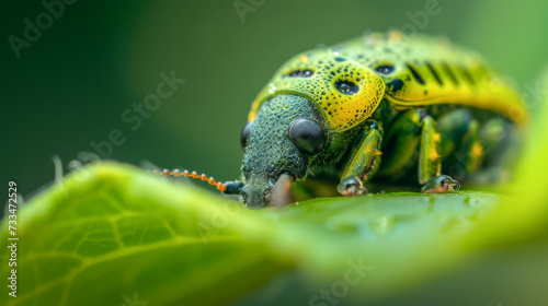 Close up of a green weevil on a green leaf in nature
