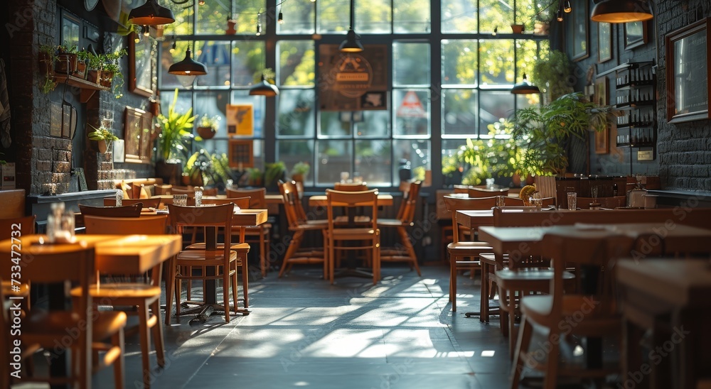An elegant indoor dining room filled with wooden tables and chairs, with a large window overlooking a bustling outdoor restaurant and a sleek coffee table at the center