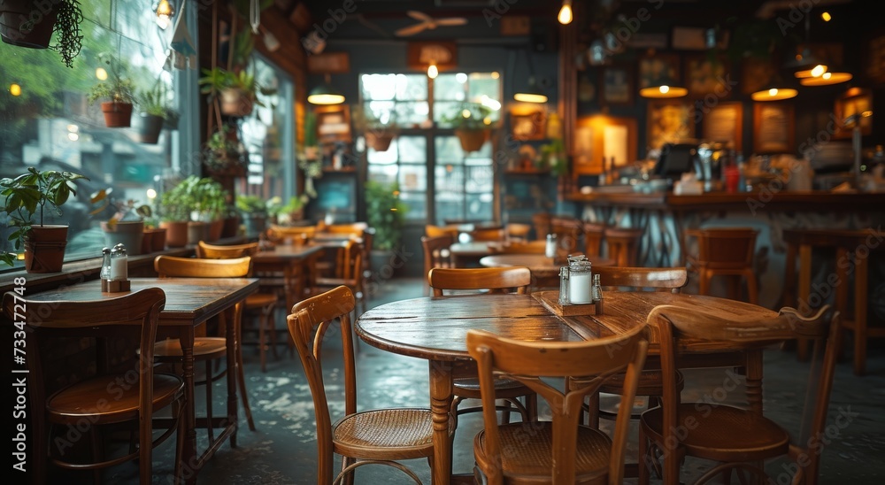 Amidst the bustling city lights, a dimly-lit cafe boasts a cozy ambiance with its rustic furniture, inviting patrons to unwind and enjoy a warm cup of coffee on a cool night