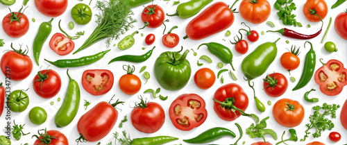 collection of organic red tomatoes and green chili pepper vegetable isolated on transparent png background with shadows, for online menu shopping list ready for any background