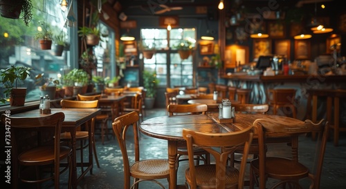 Amidst the bustling city lights  a dimly-lit cafe boasts a cozy ambiance with its rustic furniture  inviting patrons to unwind and enjoy a warm cup of coffee on a cool night