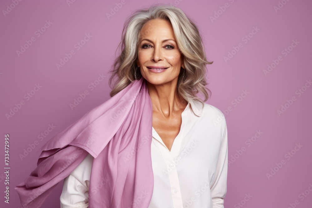 Portrait of a happy senior woman with pink scarf over purple background Portrait of a happy senior woman with pink scarf over purple background