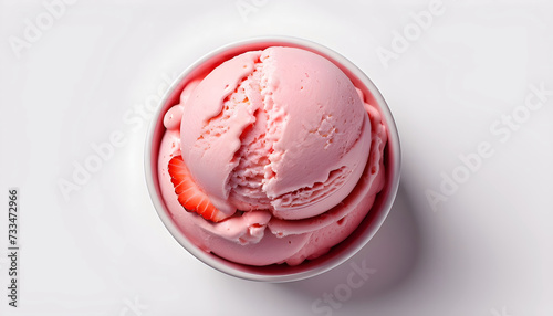 One rounded scoop strawberry ice cream, top view on white background, photorealistic no cone