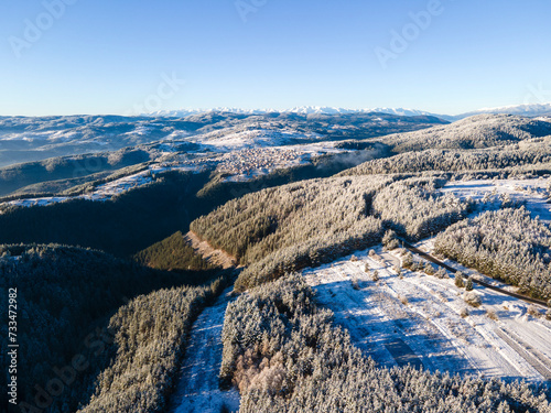 Aerial Winter view of Yundola area, Bulgaria photo
