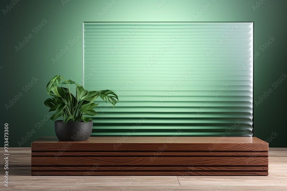 corrugated glass stands on a minimalist podium, VIRIDIS natural and calm green color, reminiscent of sage leaves corrugated glass stands on a minimalist podium, VIRIDIS natural and calm green color, reminiscent of sage leaves