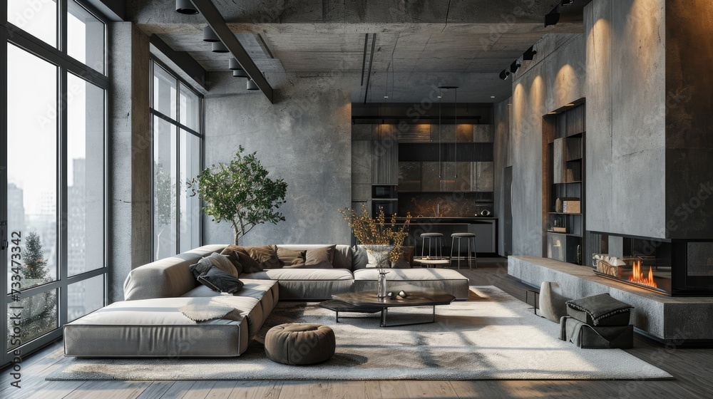 Modern Urban Living Room with Chic Decor in style Melty metallics in big living room Melty liquid surface grey color