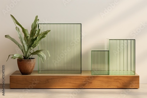 corrugated glass stands on a minimalist podium  VIRIDIS natural and calm green color  reminiscent of sage leaves 