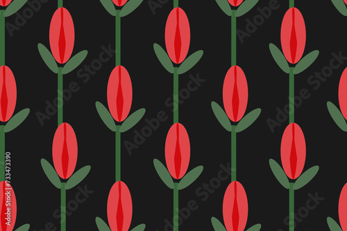 Tender red tulip flowers. Botanical  floral  bouquet  plant  garden  spring.  Seamless vector pattern for design and decoration.