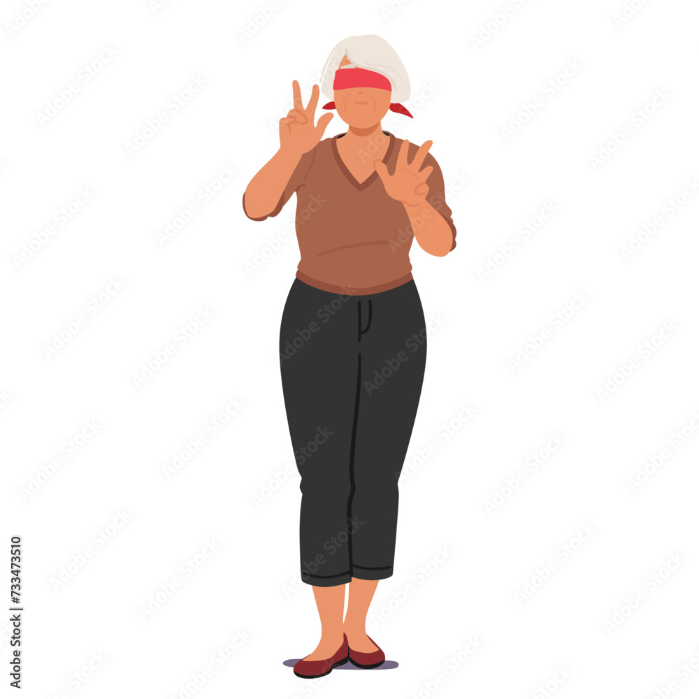 Blindfolded Senior Woman Character Extends Her Hands Cautiously, Relying On Touch And Intuition, Navigating The Unseen