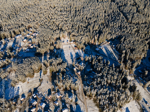 Aerial Winter view of Yundola area, Bulgaria photo