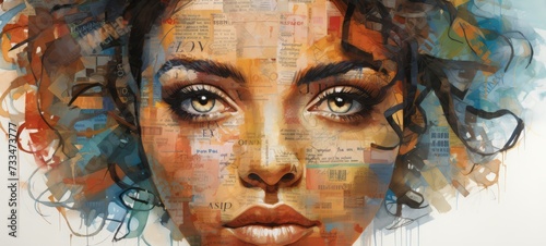 Portrait illustration of woman empowering words and phrases forming the shape of a woman's face. 8 March International Womens day poster wallpaper. Horizontal format, banner, texture