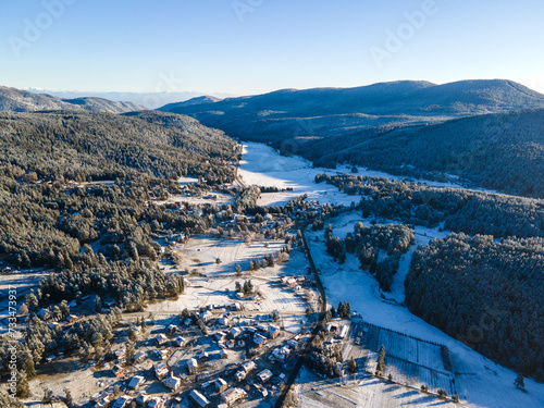 Aerial Winter view of Yundola area, Bulgaria photo