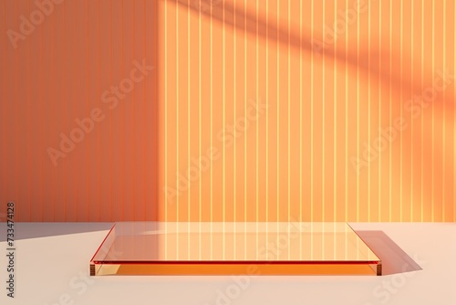 laconic background with corrugated glass in color APRICOT CRUSH orange peach shade that reminds of summer sun and warm days . Artificial nature minimal concept.