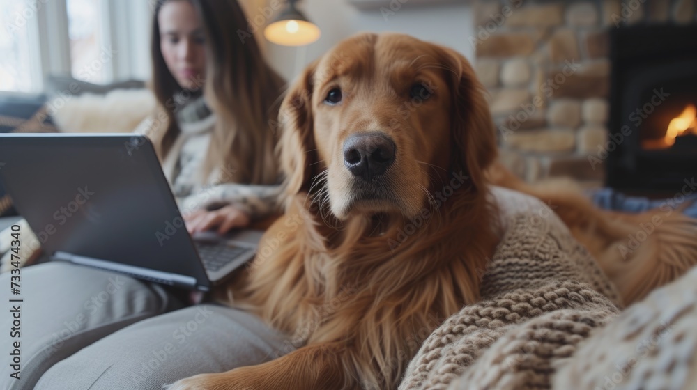 golden retriever dog is relaxing near his boss at home while she is working online at home office. golden retriever dog is relaxing near his boss at home while she is working online at home office.