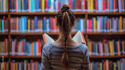 Female student standing in front of book shelves in college library and reading book