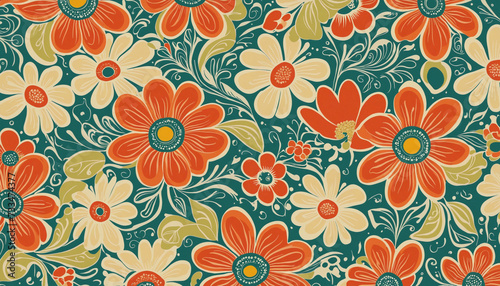 Vintage flower seamless pattern illustration. Retro psychedelic floral background art design. Groovy colorful spring texture  hippie seventies nature backdrop print with repeating daisy flowers.