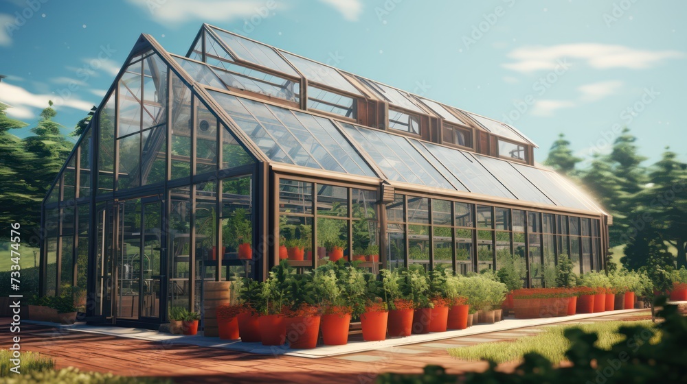 A modern greenhouse with an industrial aesthetic, specifically crafted for the cultivation of vegetables and herbs.