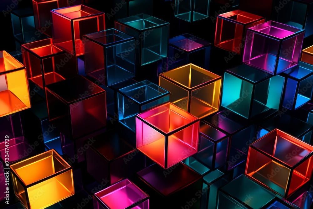 Abstract composition of multi-colored translucent cubes with edges Abstract composition of multi-colored translucent cubes with edges