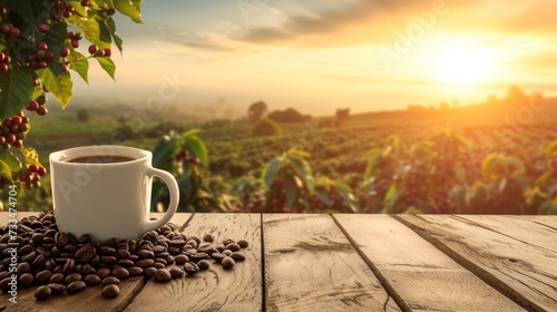 A backdrop of coffee fields frames a scene featuring a mug of coffee and coffee beans atop a wooden table