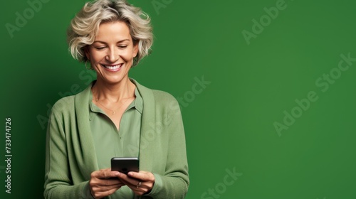 Middle-aged woman is using a cell phone on a green background.
