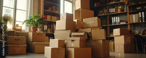 A pile of moving boxes in the room.