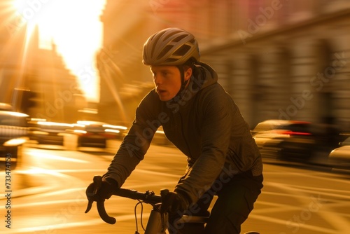 cyclist in black helmet in the city lights, long exposure. A focused rider speeding down a metropolitan road, emphasizing themes of travel, speed, and the energy of city life.. photo